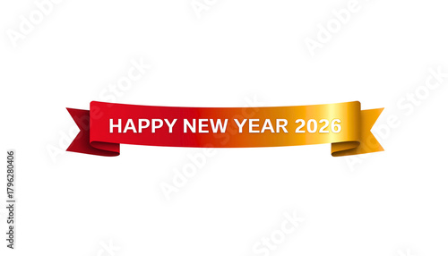 Elegant red and gold ribbon banner with Happy New Year 2026 message. Festive graphic illustration for holiday greetings and celebrations on a white background