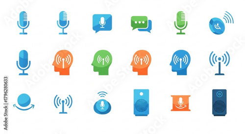 Set of communication icons featuring microphone, speech bubble, head with signal, and wifi symbol, representing connection and technology on