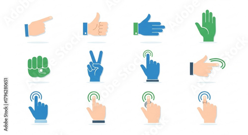 Collection of hand gesture icons including pointing, thumbs up, open hand, fist, peace sign, and touch, for user interface and interaction on