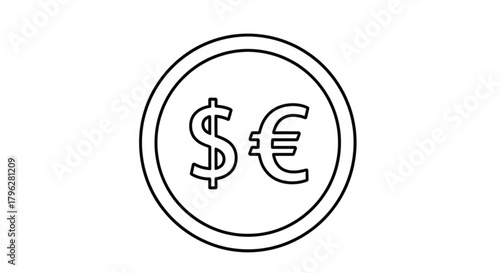 Illustration of a coin with dollar and euro symbols, representing currency exchange, global finance, and international trade