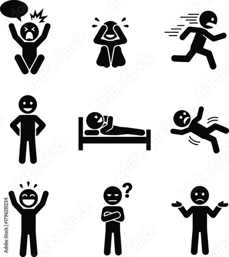 Human emotion icons, people expressing feelings, happiness, anger, confusion, sadness, sleep, running, falling, emotional expressions vector illustration set