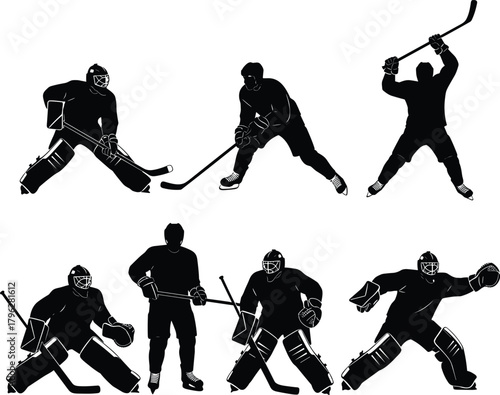 Ice hockey player and goalkeeper silhouette set showing action poses, skating, shooting, defending and goaltending illustrated sports vector for athletic design