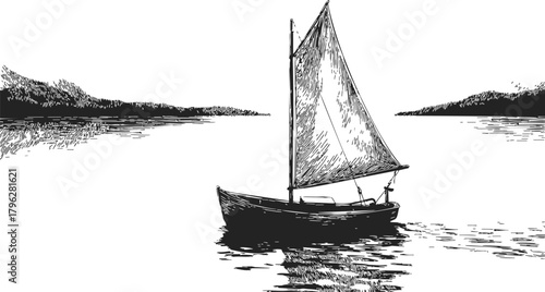 Sailboat sketch hand drawn on calm lake with distant shoreline — stock vector