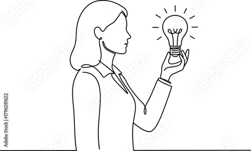 Idea moment illustration, person with light bulb, black and white art, inspiration concept, creative spark, innovation symbol, stylized thinker, profile pose