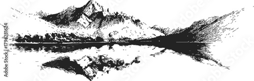 Mountain landscape sketch, hand drawn lake reflection scene — stock vector