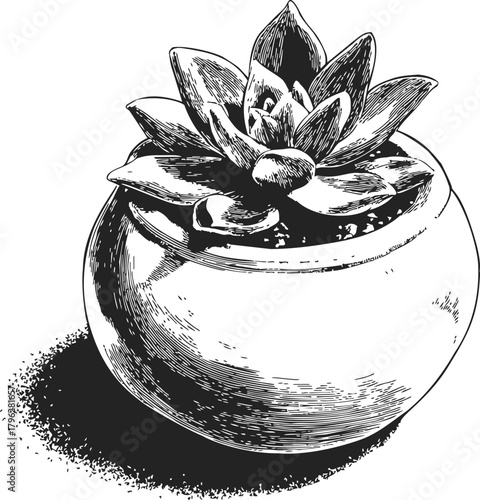 Succulent plant sketch, hand drawn style in round pot with detailed shading — stock vector