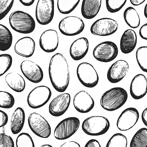 Stones seamless pattern, sketch hand drawn, rough oval pebbles with textured shading — stock vector