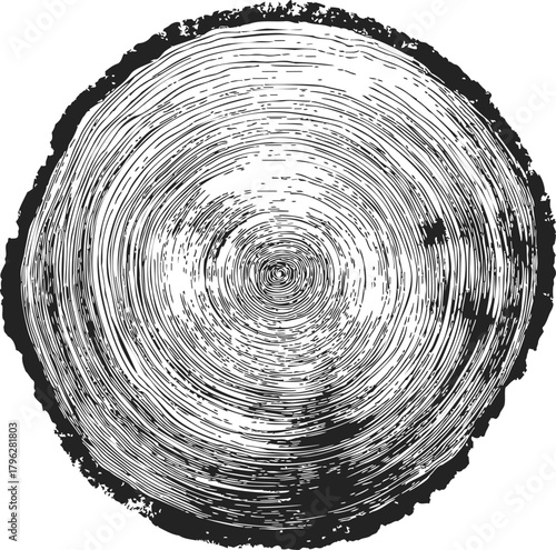 Tree rings cross-section, hand drawn sketch line art, annual growth pattern — stock vector