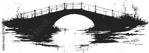 Bridge silhouette sketch, hand drawn style with railing over river and reflections — stock vector