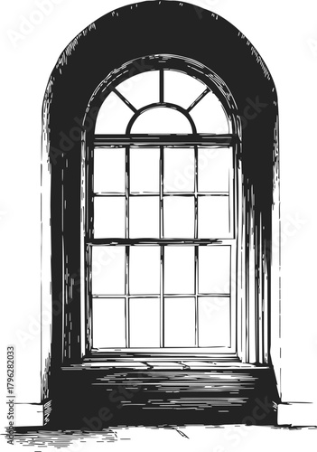 Arched window sketch, hand drawn vintage architectural element with wood frame — stock vector