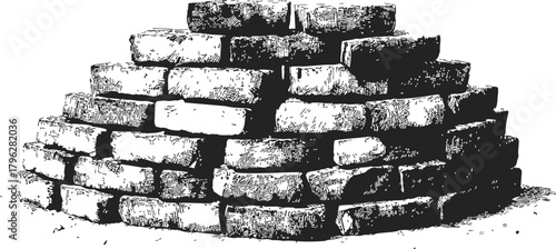 Stone bricks hand drawn sketch, stacked in pyramid shape, detailed vintage engraving — stock vector