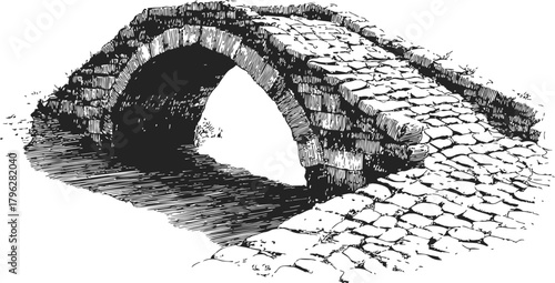 Stone arch bridge sketch, hand drawn style with cobblestone path and river — stock vector