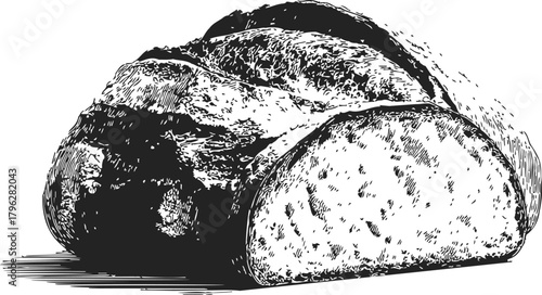 Bread loaf sketch, hand drawn rustic artisan bread with sliced section — stock vector