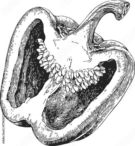 Bell pepper hand drawn sketch, detailed cross section with seeds — stock vector