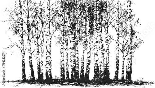 Birch trees sketch, hand drawn forest scene with detailed trunks and sparse branches — stock vector