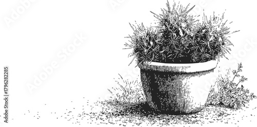 Cactus in ceramic pot sketch, hand drawn style with desert ground and small plant — stock vector