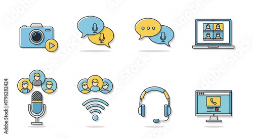 Set of virtual meeting icons, representing online communication, video conferencing, and remote collaboration in a modern style