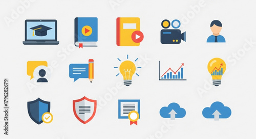 Flat design education icons set collection of colorful symbols representing learning, knowledge, and academic pursuits