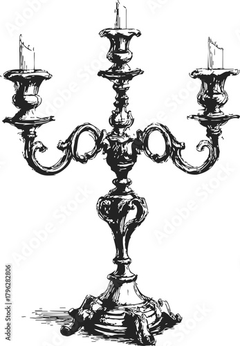 Candelabra sketch, hand drawn ornate three-arm candle holder with lit candles — stock vector