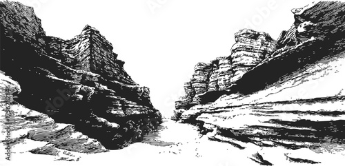 Canyon landscape sketch, hand drawn rocky cliffs and valley scene — stock vector