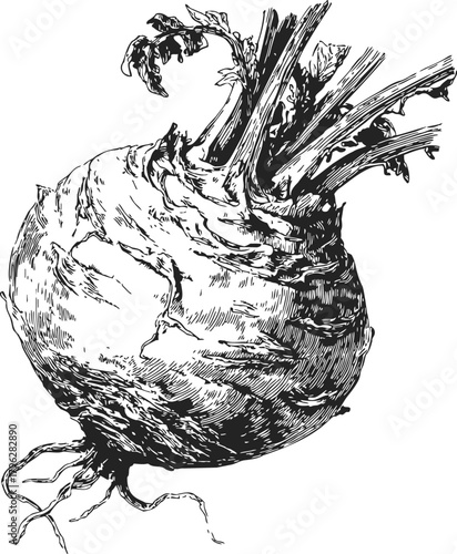 Celeriac sketch hand drawn root vegetable with leaves detailed line art — stock vector