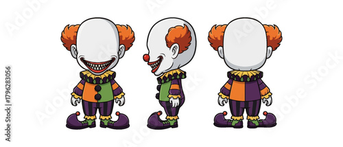 Creepy Cartoon Clown Character Design in Three Angles – Horror Vector Illustration for Halloween and Animation