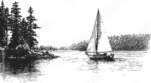 Sailboat sketch hand drawn near forested shoreline on calm lake — stock vector