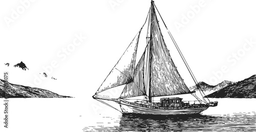 Sailboat sketch hand drawn style with mountains and calm water scenery — stock vector