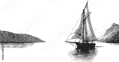 Sailboat sketch hand drawn sailing on calm water near forested hills — stock vector