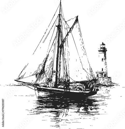 Sailboat sketch hand drawn with lighthouse in calm harbor scene — stock vector