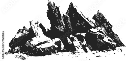 Rock formation sketch, hand drawn rugged boulders with sharp edges and textured shading — stock vector