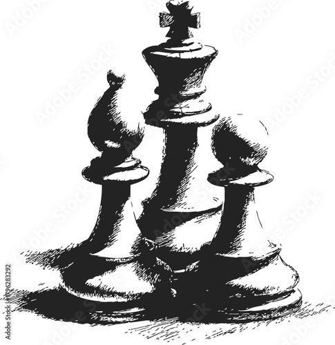 Chess pieces sketch, hand drawn king bishop pawn composition — stock vector