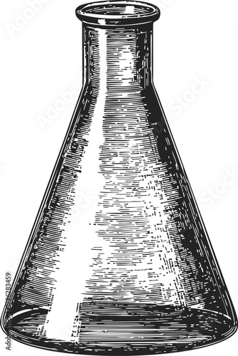 Erlenmeyer flask sketch, hand drawn laboratory glassware with conical body and narrow neck — stock vector