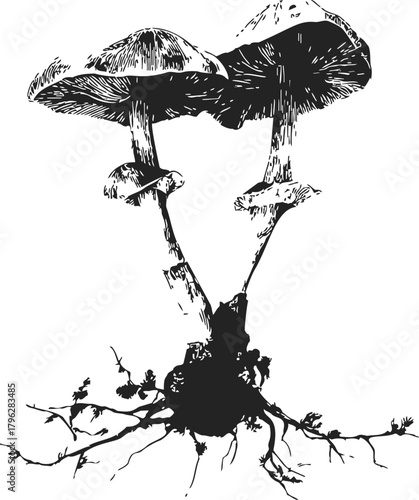 Mushrooms, hand drawn sketch with detailed root system and mycelium network — stock vector