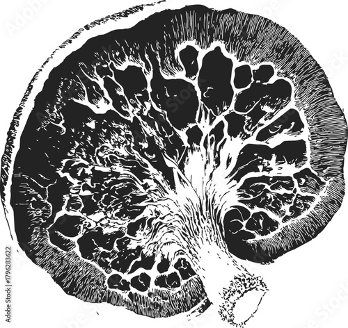 Grapefruit half sketch, hand drawn citrus fruit cross section with detailed pulp — stock vector