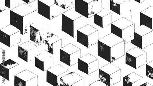 Cube pattern sketch, hand drawn seamless geometric blocks with grunge texture — stock vector