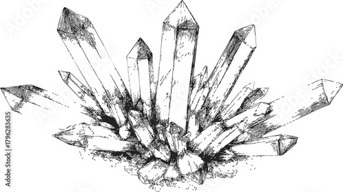 Quartz crystal cluster sketch, hand drawn style with detailed sharp points — stock vector