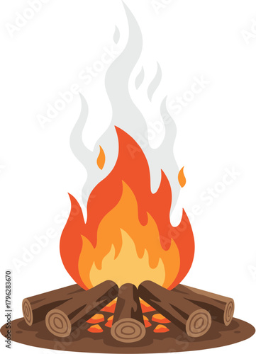 Cartoon Detailed Bonfire Campfire Illustration with Logs and Flame Heat Energy