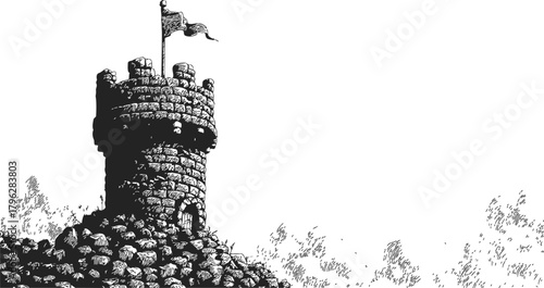 Stone tower sketch, hand drawn medieval watchtower on rocky hill with flag — stock vector
