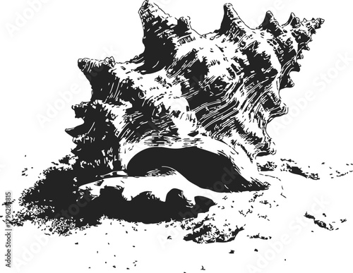 Conch shell sketch, hand drawn style, detailed seashell on sandy beach — stock vector