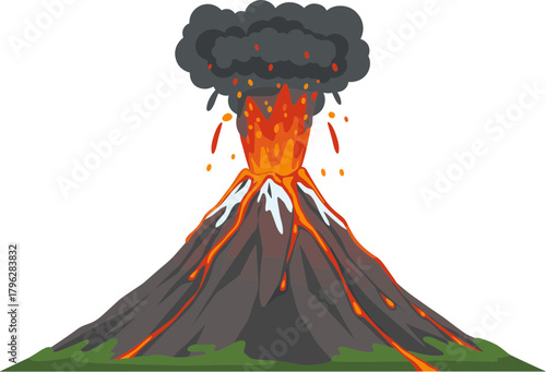 Simple Flat Style Volcano Eruption with Lava and Smoke Illustration