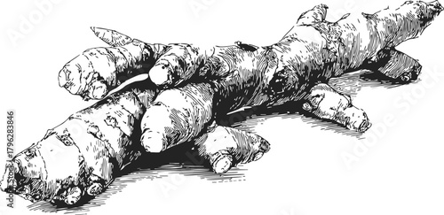 Galangal root sketch, hand drawn botanical rhizome illustration, detailed herbal spice — stock vector