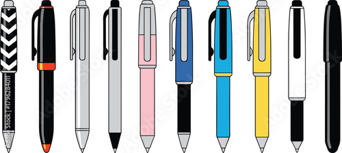 Colorful ballpoint pen set illustration with various designs, stationery tools collection, office writing instruments, school supplies artwork for education and business