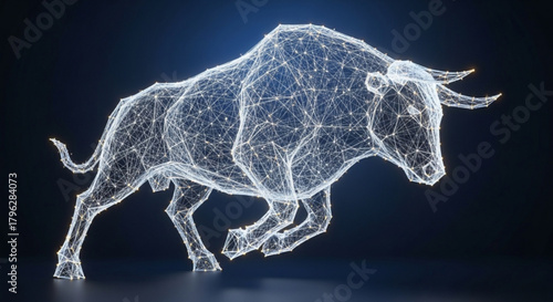 A low poly style 3d render of a bull, constructed from interconnected lines and points, standing against a dark blue gradient background, symbolizing strength and finance
