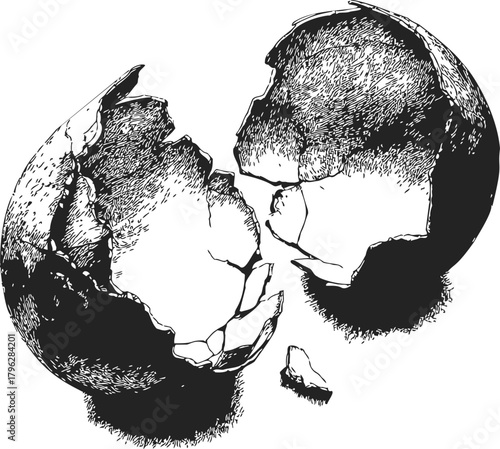 Broken eggshell sketch, hand drawn style, detailed cracked shell fragments on white — stock vector