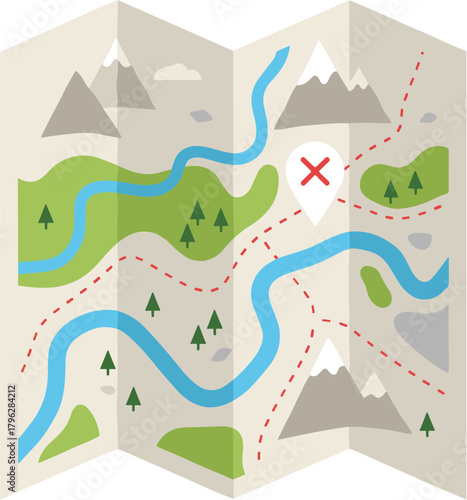 Flat Folded Travel Adventure Navigation Route Map Illustration Design