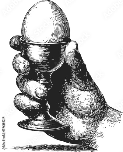 Hand holding egg cup sketch, hand drawn style with detailed shading — stock vector