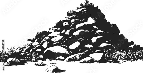 Rock cairn sketch, hand drawn pile of stones in natural landscape — stock vector