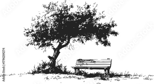 Tree and bench sketch, hand drawn park scene with grass and shadow — stock vector