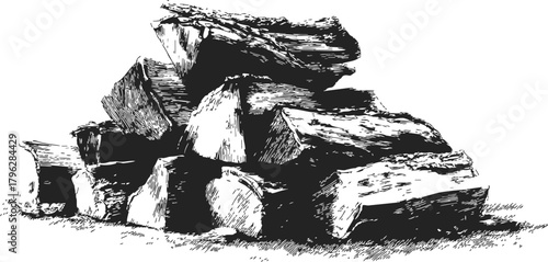 Firewood pile sketch, hand drawn logs stacked in rustic outdoor scene — stock vector